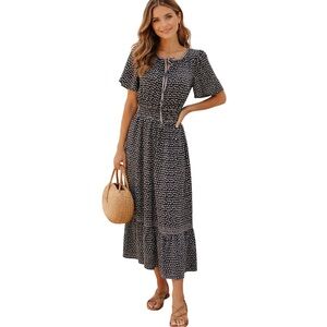 NWT Max Studio London Polka Dot Smocked Tiered Maxi Dress Size S